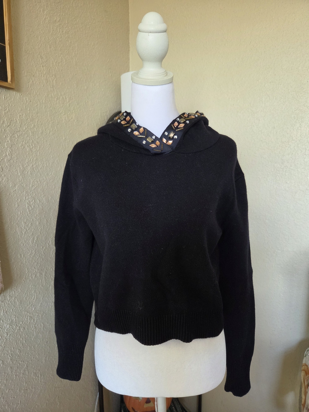 Zara Black Hooded Cowl Sweater with Gold-tone Embellishments
